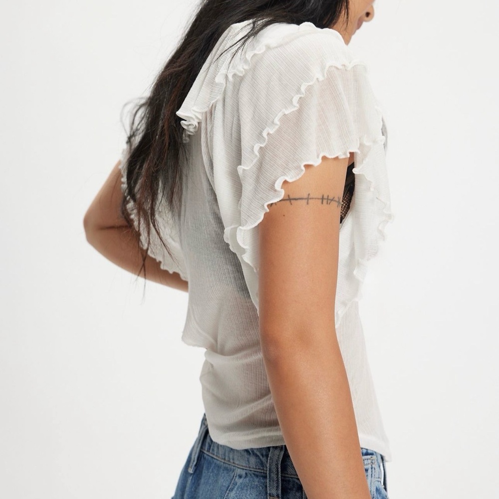 Free People White Ruffle-Sleeve Henley Top - Picture 2 of 4